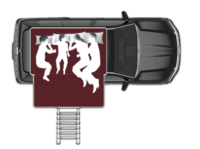 Visualisatie van de slaapruimte voor een vierkoppige familie in een Skycamp harde schaal daktent